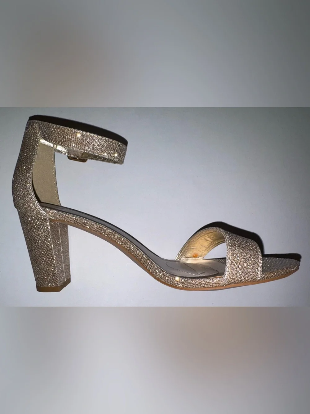 David's Bridal Gold Glitter Ankle-Strap Block Heel Sandals - Picture 7 of 13